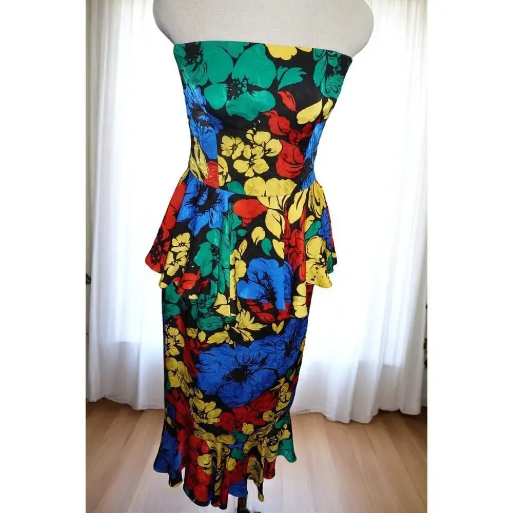Vintage Mr. Blackwell 100% Silk Strapless Peplum Wiggle Dress – Multicolor Flora - Picture 2 of 10
